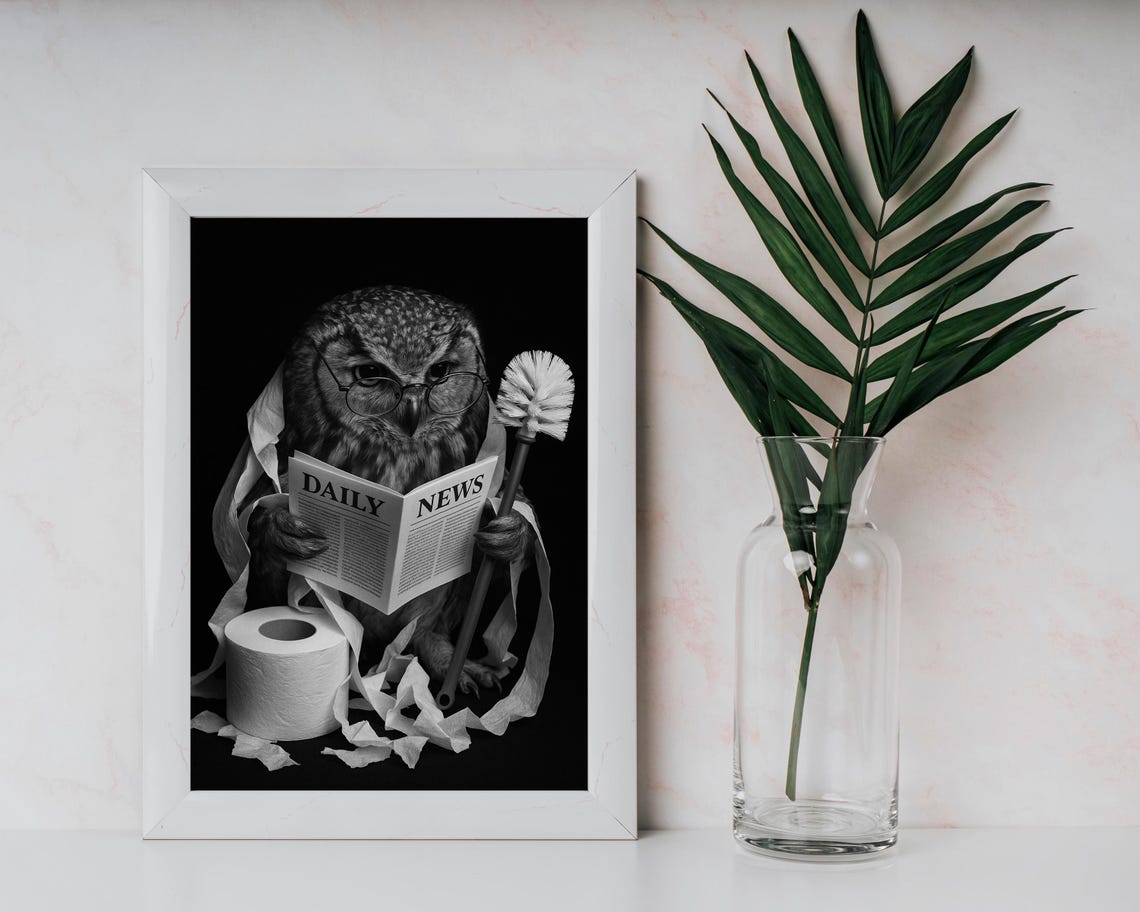 Funny Owl Bathroom Poster Monochrome Animal Print