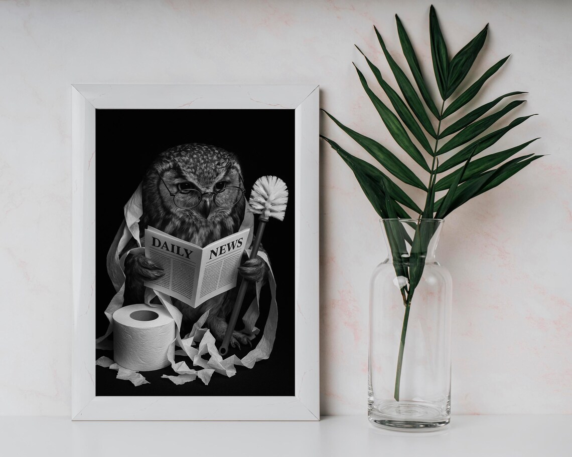 Funny Owl in Glasses Reading Newspaper with Toilet Paper Bathroom Poster