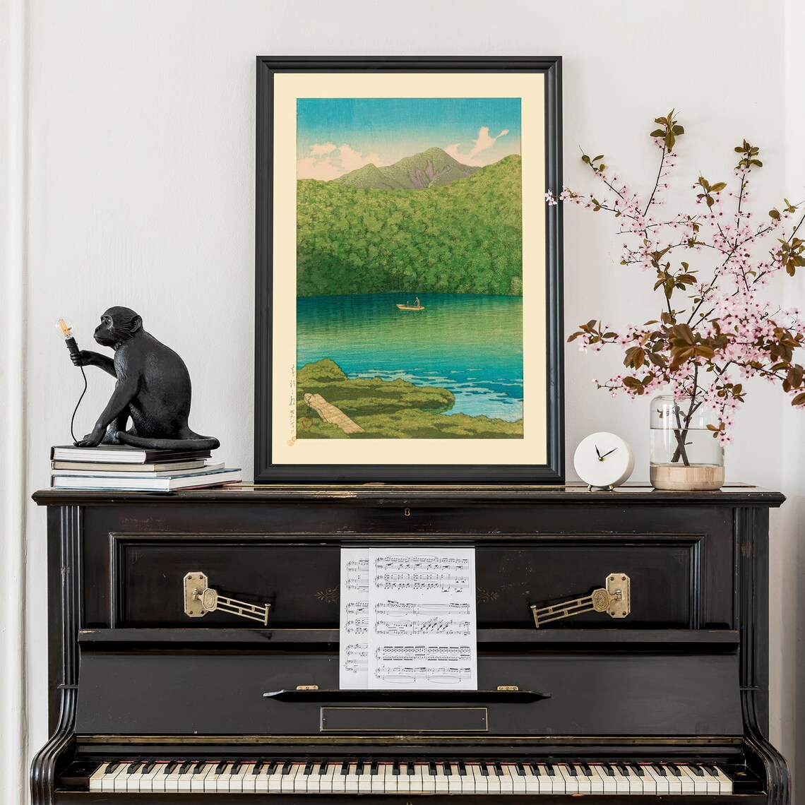 Japanese Green Mountain Lake Boat Woodblock Style Calm Poster - Image 3