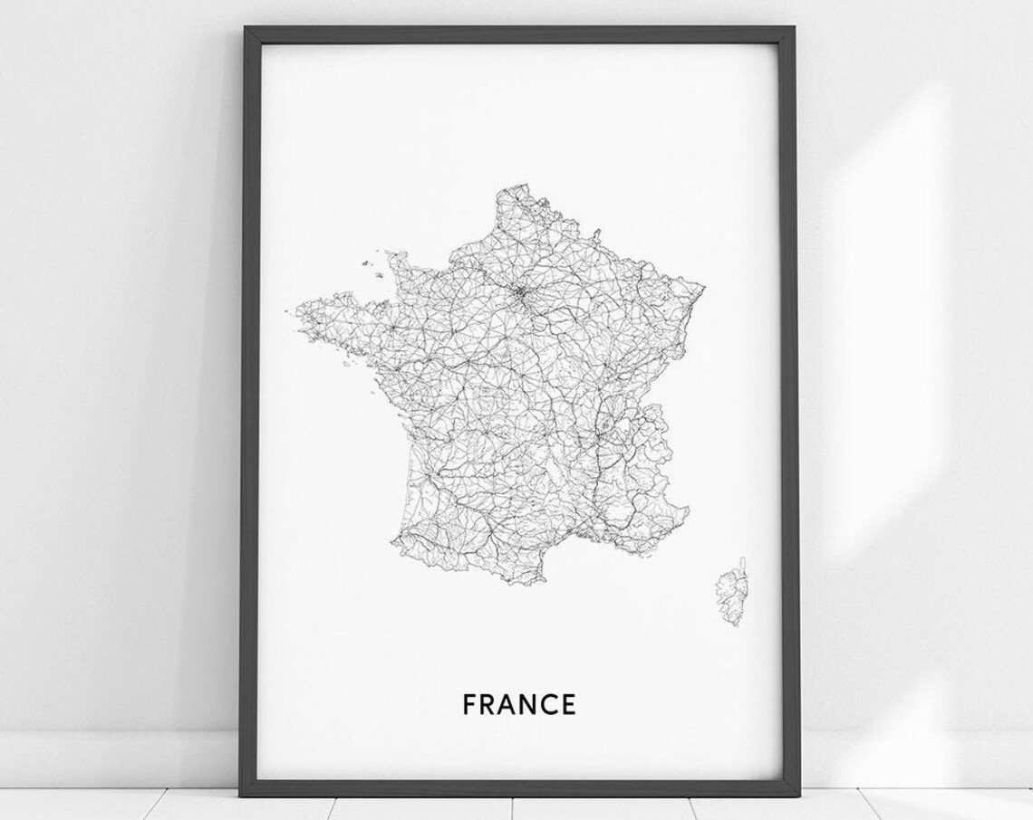 France Map Print, Black White Modern Office Decor