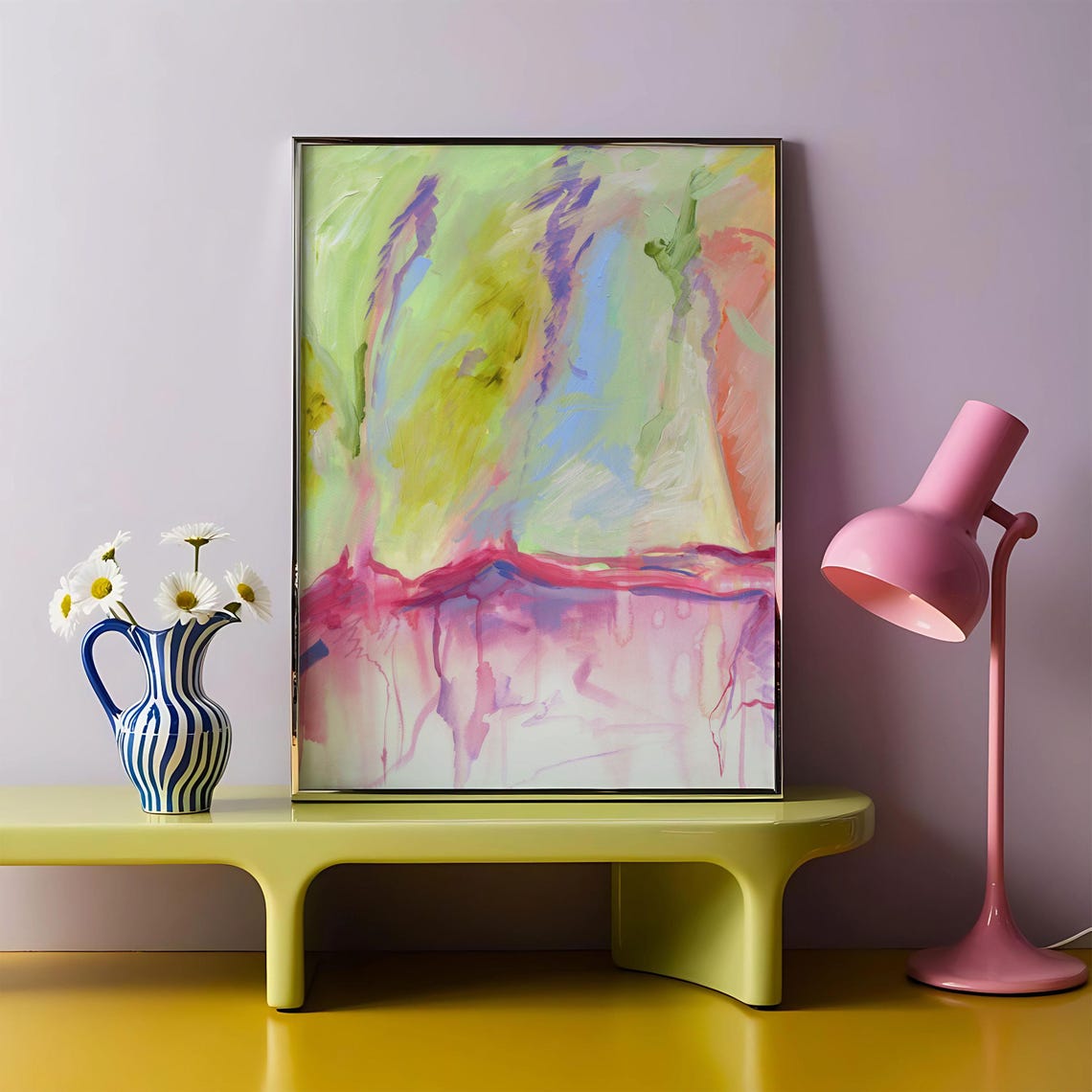 Pastel Watercolor Abstract Landscape Pink Green Modern Art Poster