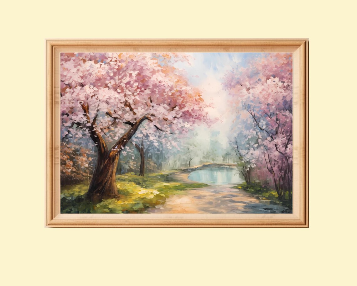 Blooming Cherry Trees in Garden, Impressionist Landscape