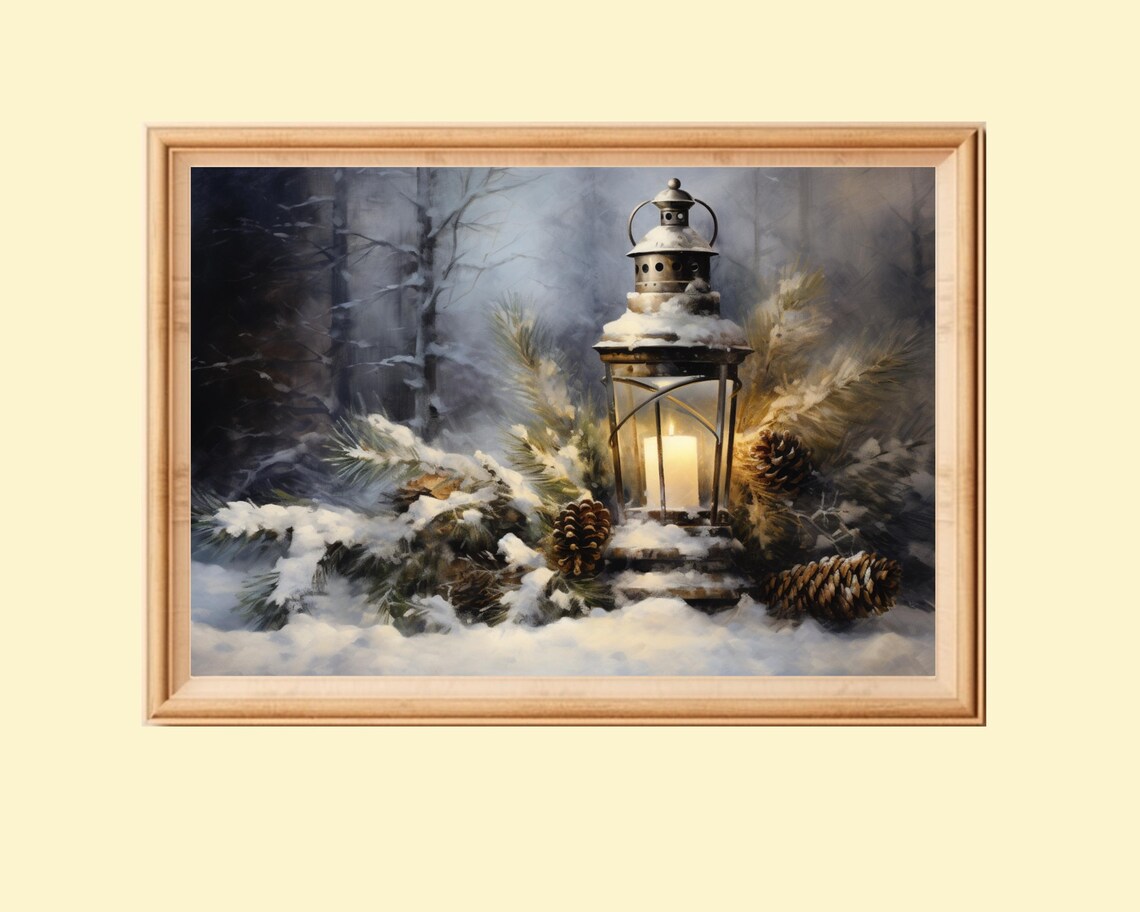 Winter Still Life Lantern Painting, Vintage Christmas
