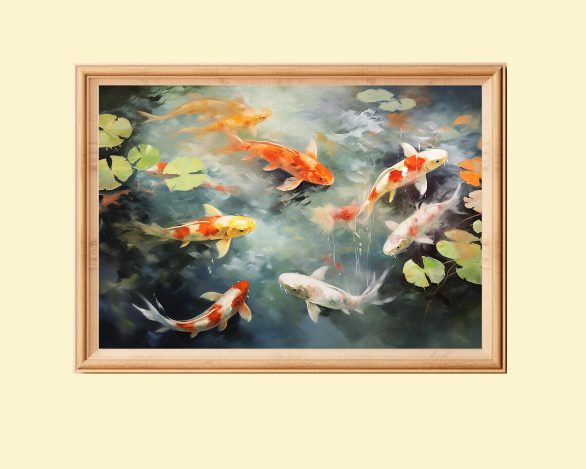 Koi Fish Pond Painting, Calming Living Room Decor