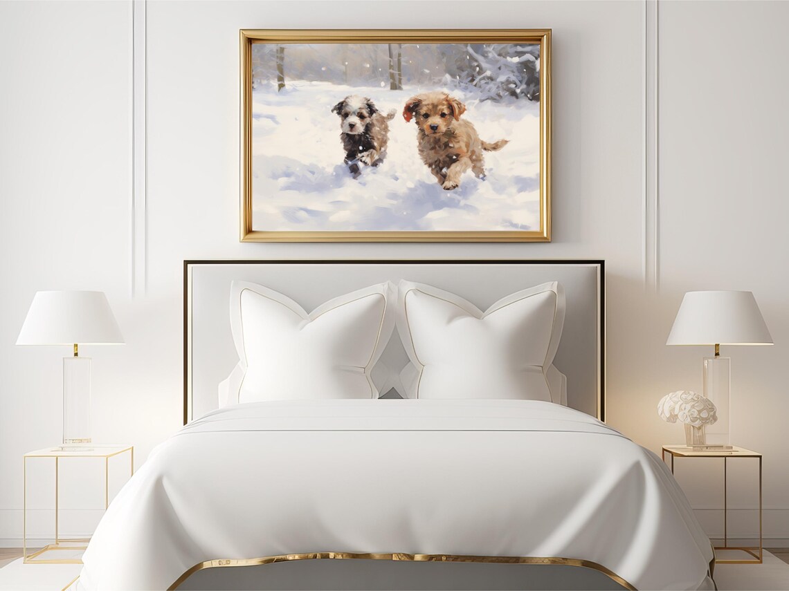 Dog Painting, Playful Puppies In Snow Artwork - Image 2