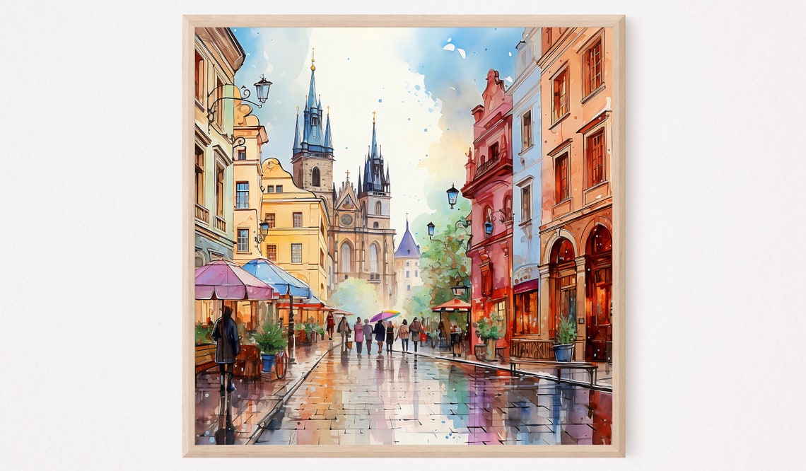 Prague Watercolor Old Town Street Church Spires Colorful Art Poster