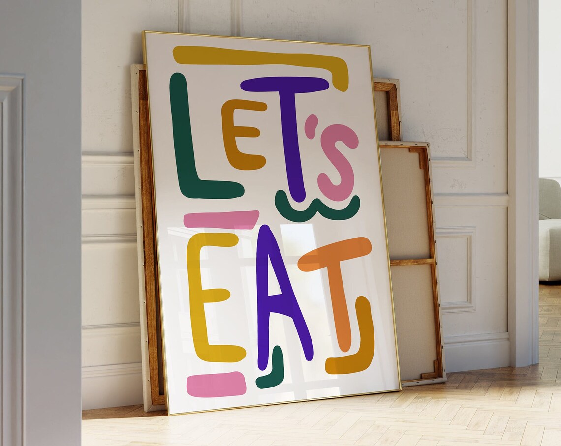 Let's Eat Colorful Mid Century Modern Kitchen Typography Poster