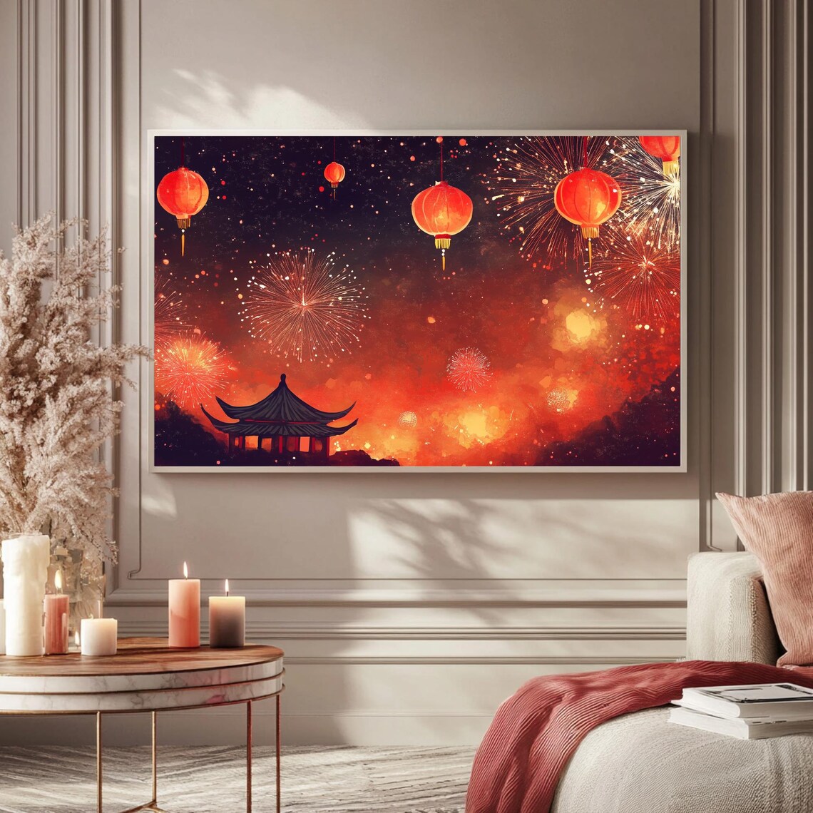 Fireworks Red Lanterns Pagoda Lunar New Year Night Art TV Poster - Image 5