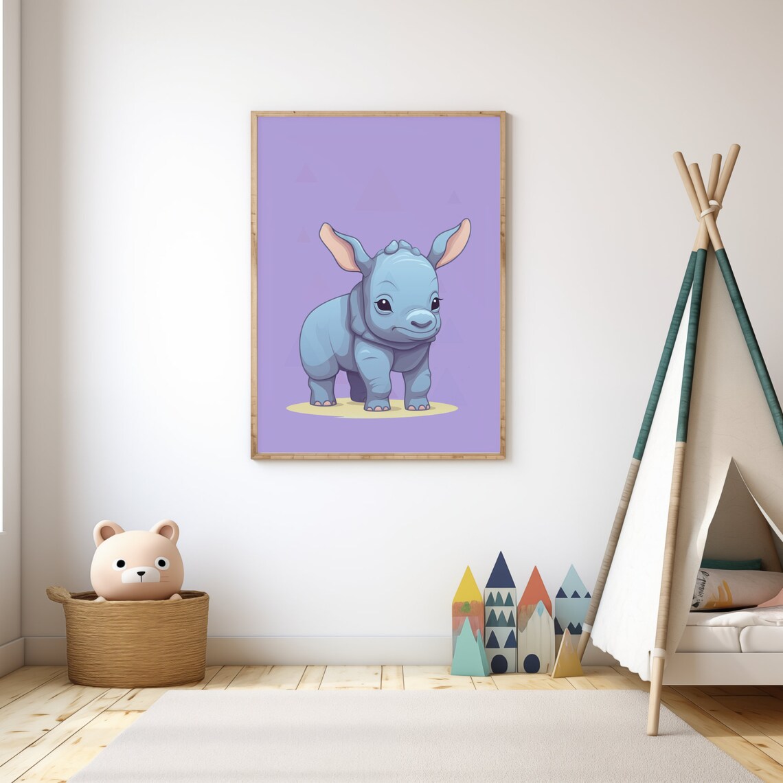 Cute Baby Rhino Cartoon Purple Safari Nursery Kids Room Wall Poster - Image 3
