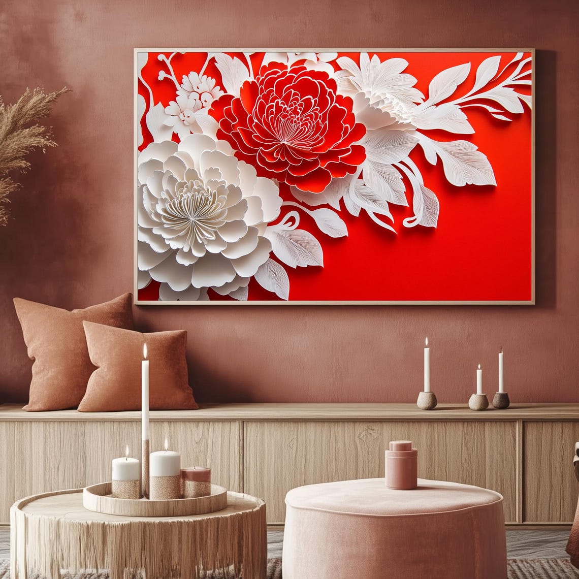 Red White Papercut Peonies Chinese Floral Art Frame TV Poster - Image 2