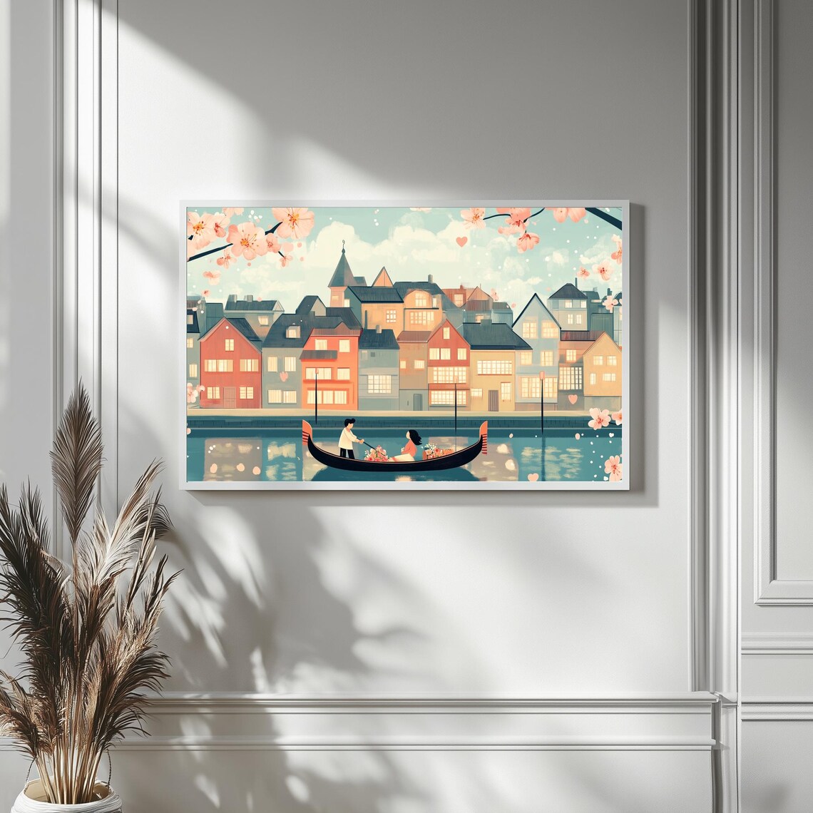 Romantic Couple In Boat On Canal Cherry Blossom Valentine Wall Art - Image 4