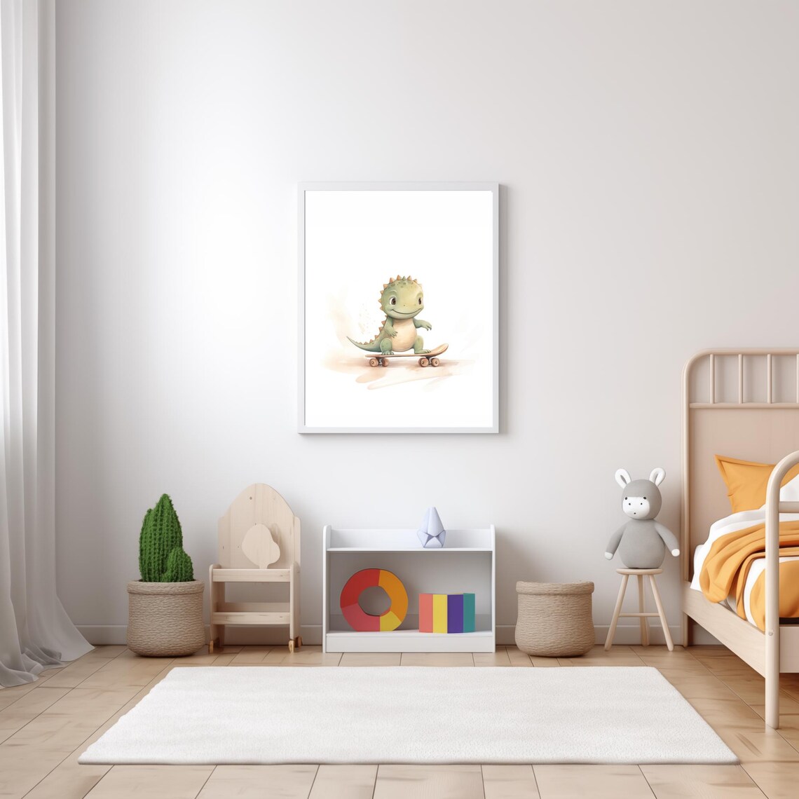 Happy Baby Dinosaur Skateboard Green Watercolor Nursery Wall Poster - Image 5