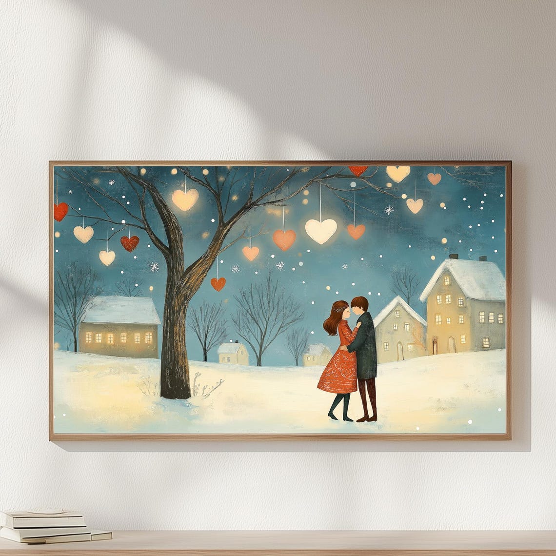Couple Embracing Under Heart Tree Snowy Night Romantic Wall Art
