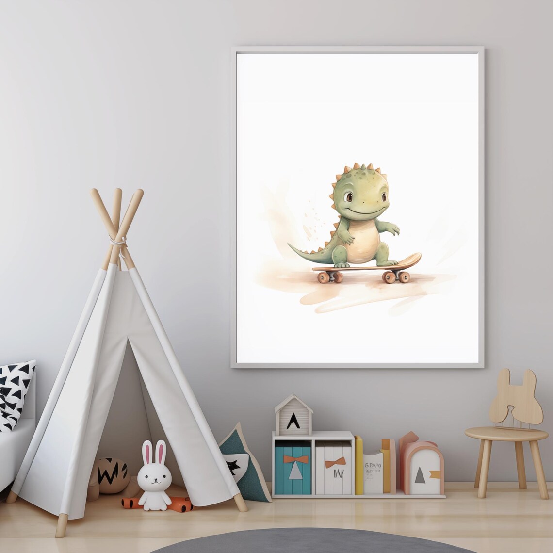 Happy Baby Dinosaur Skateboard Green Watercolor Nursery Wall Poster - Image 4