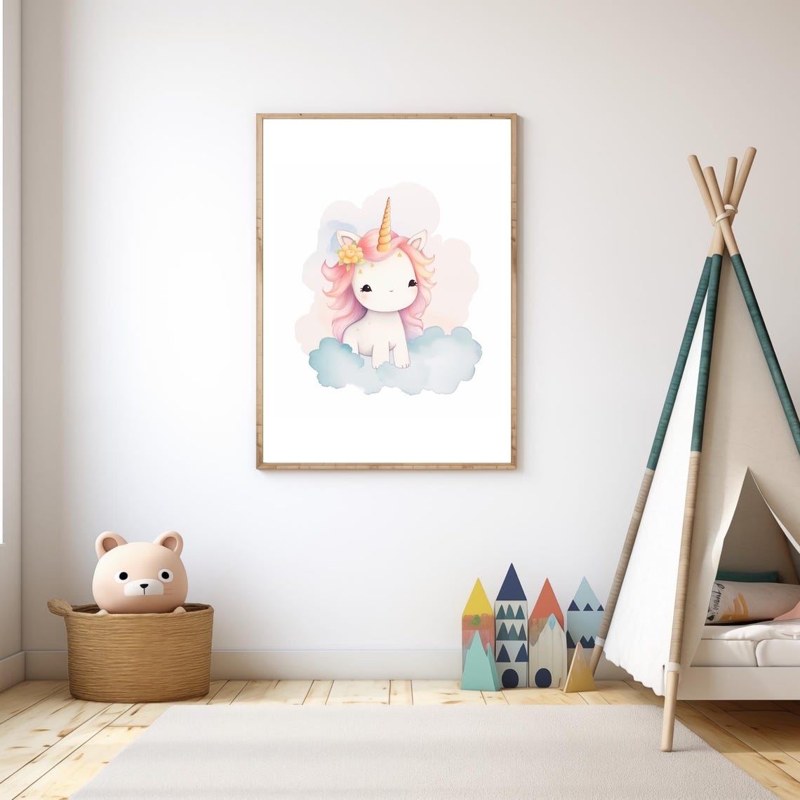 Cute Baby Unicorn Watercolor Clouds Sweet Nursery Wall Art Poster - Image 3