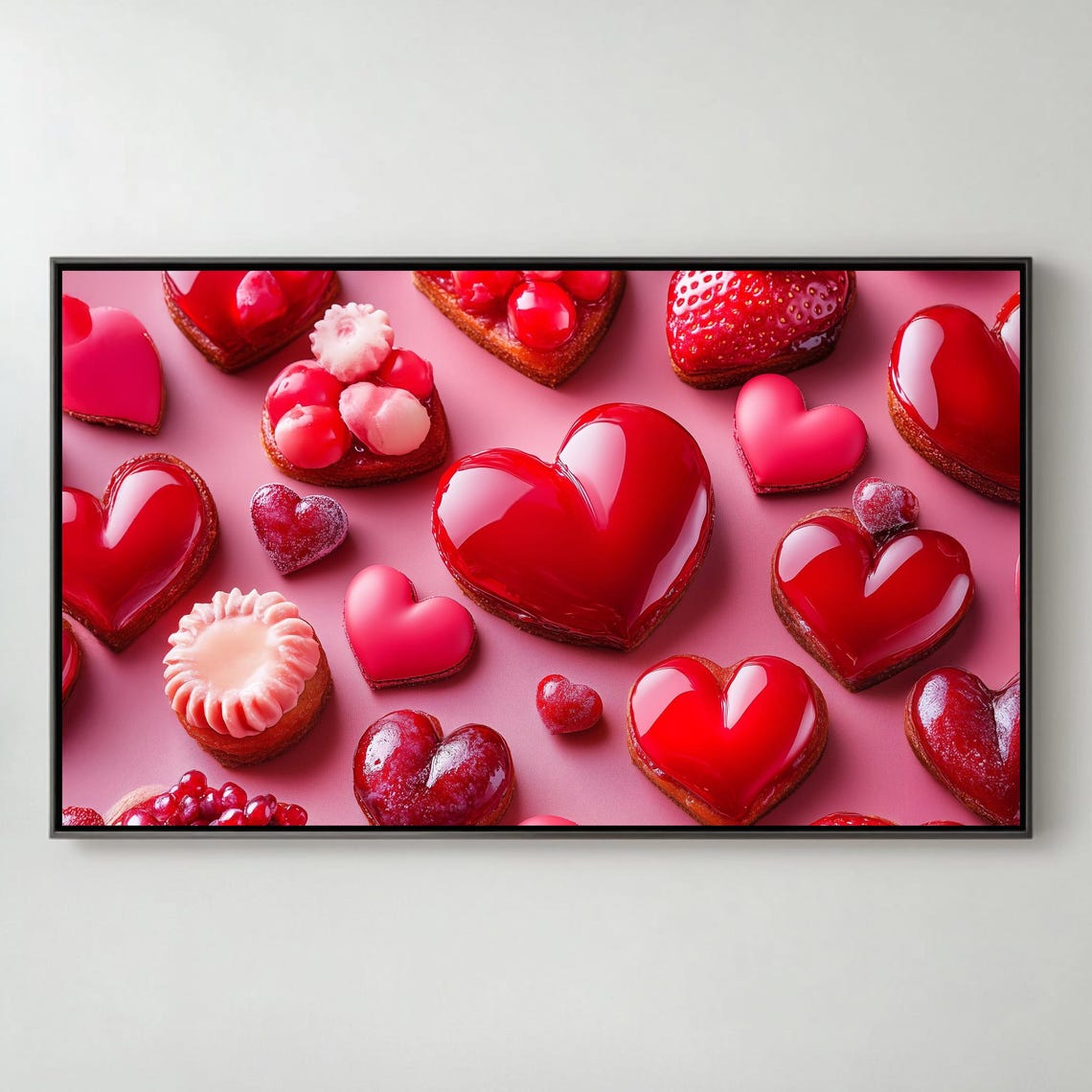 Red Heart Cookies Pattern Valentines Day Dessert Art Frame TV Poster