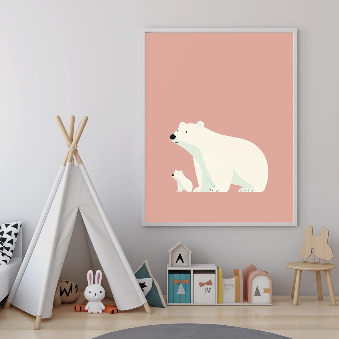 Mommy And Baby Polar Bear Walking Pink Background Nursery Poster - Image 3