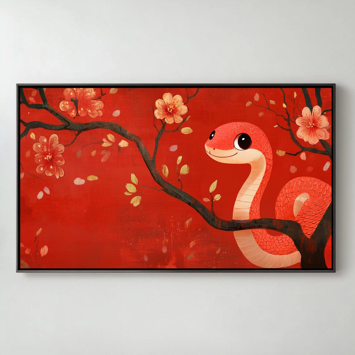 Cute Red Snake Blossom Branch Lunar New Year Art Frame TV Poster