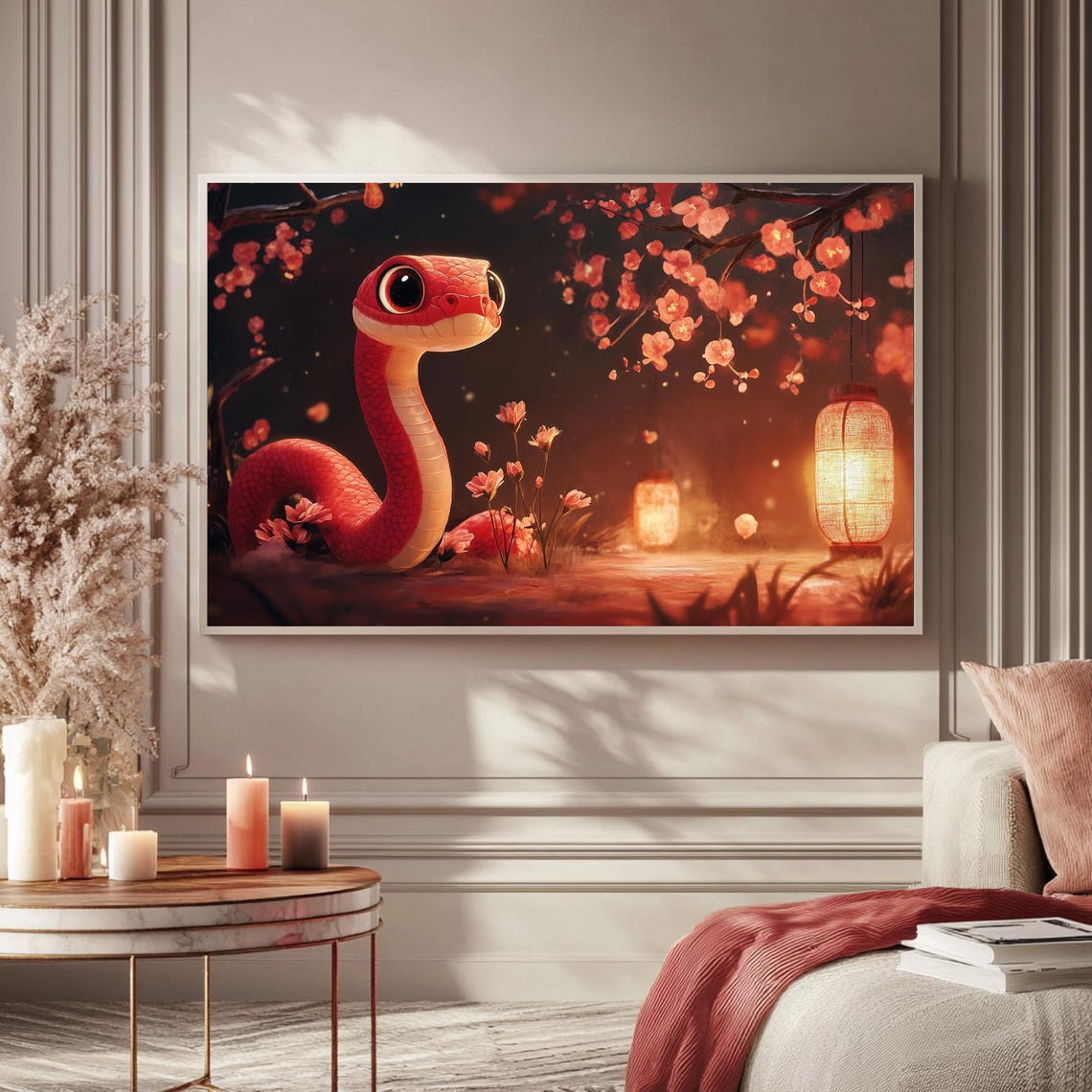 Cute Red Snake Cherry Blossoms Lanterns Lunar New Year TV Poster - Image 5