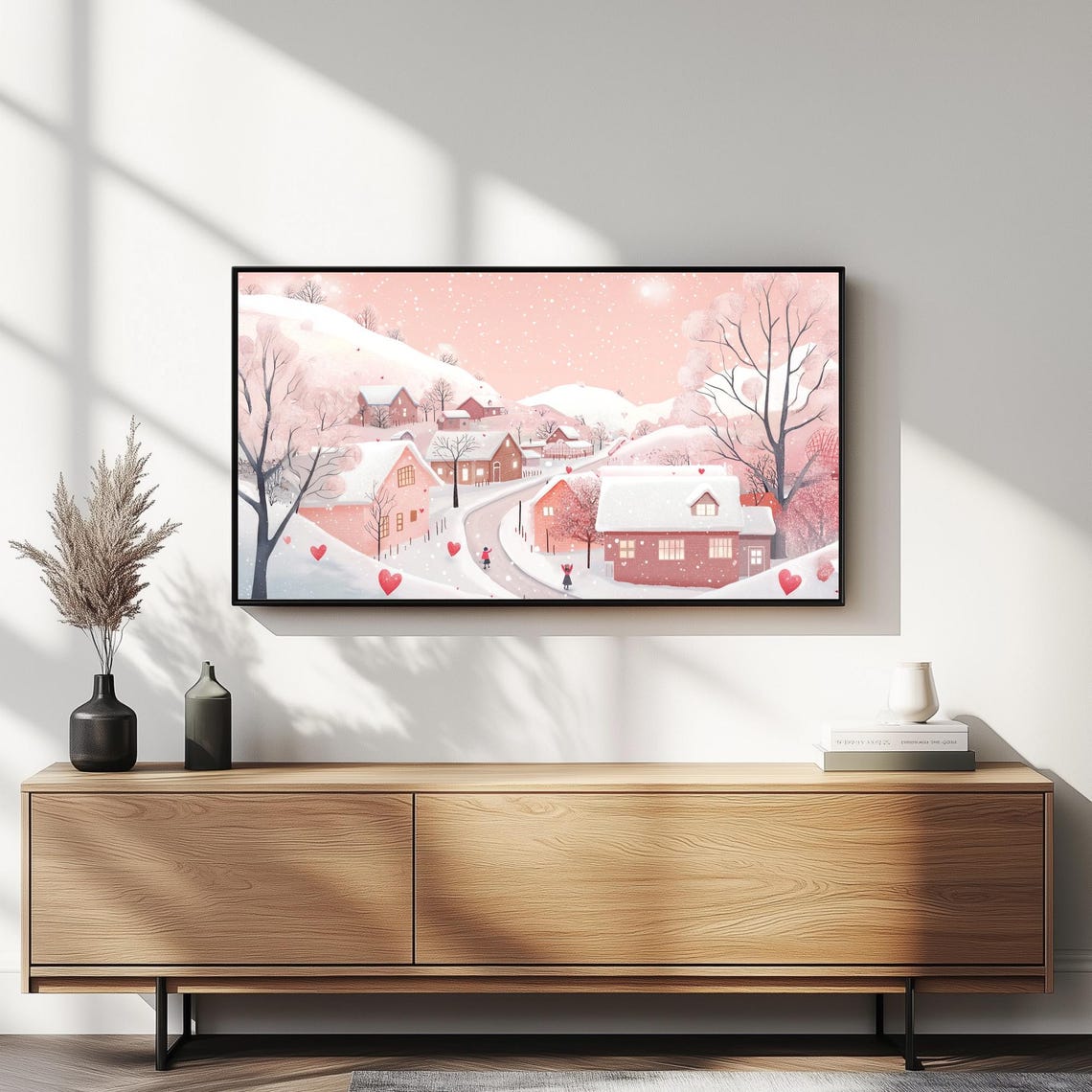 Snowy Pink Village With Winding Road Floating Hearts Wall Art - Image 5