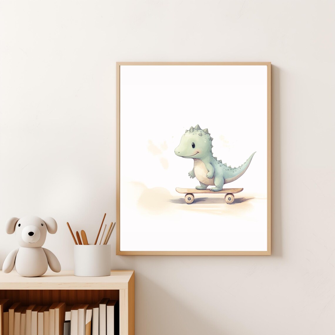 Cute Baby Dinosaur Skateboard Watercolor Kids Room Decor Wall Art - Image 2