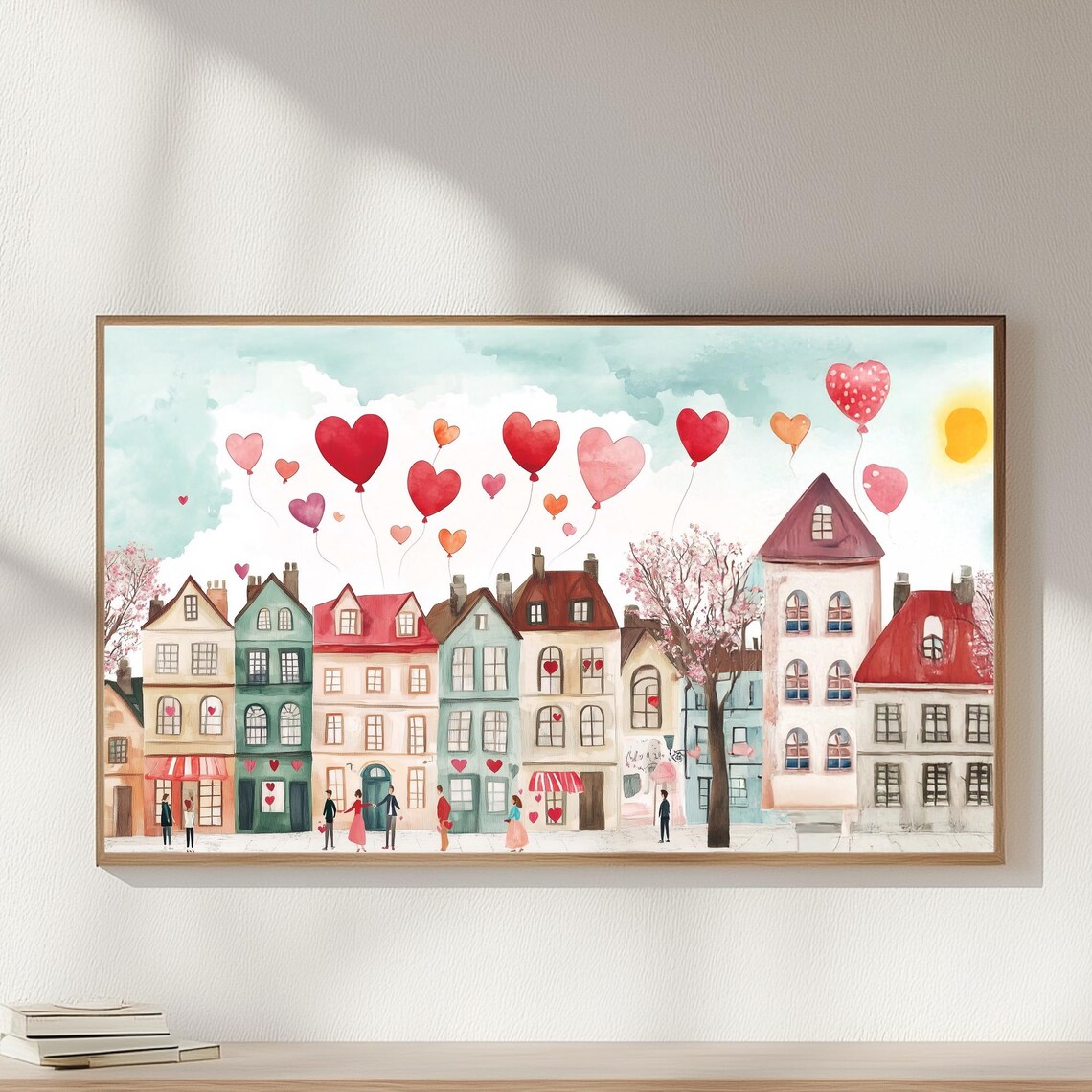 Pink Valentine Village Heart Balloons Cute Watercolor Street Poster