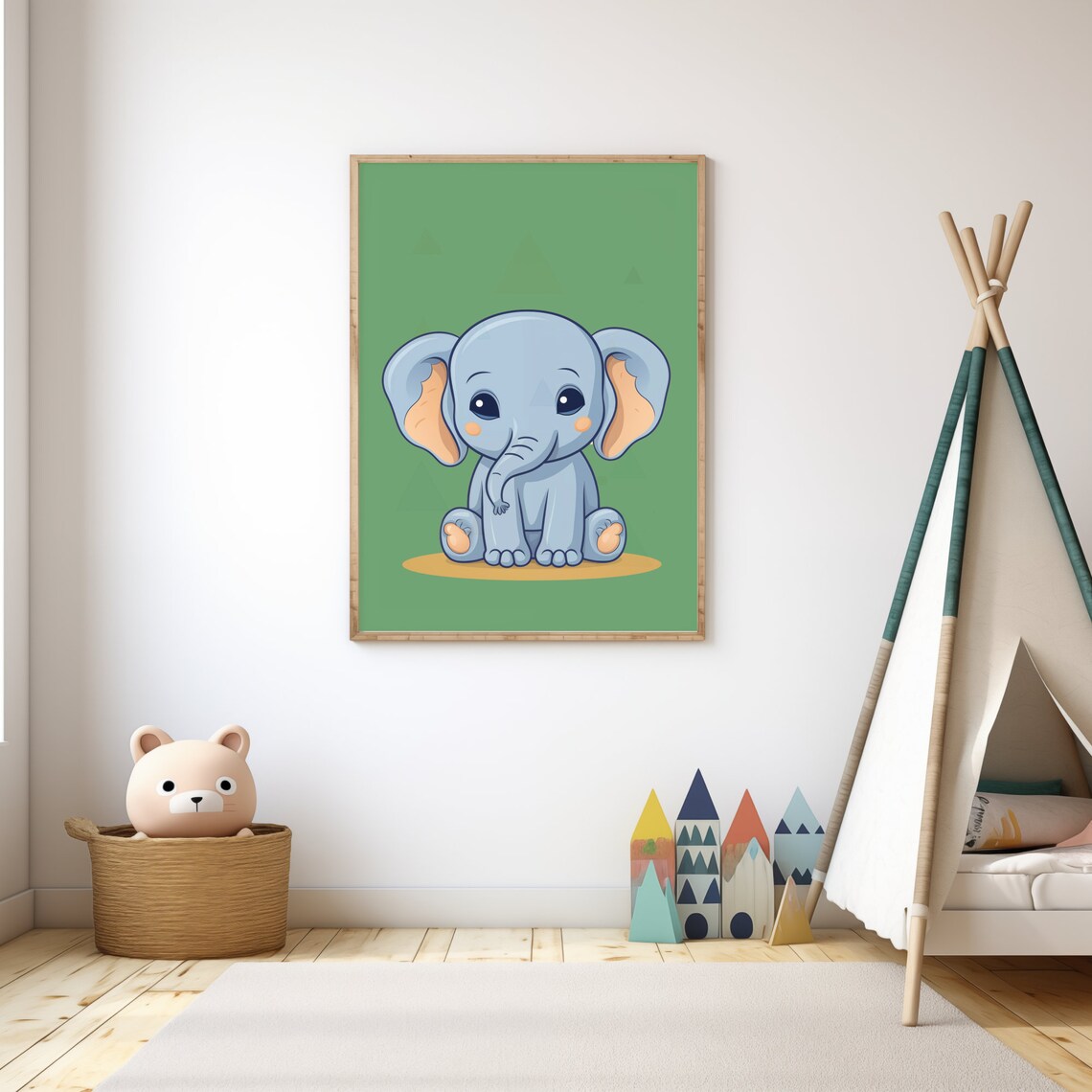 Cute Baby Elephant Cartoon Green Safari Nursery Kids Room Wall Art - Image 3