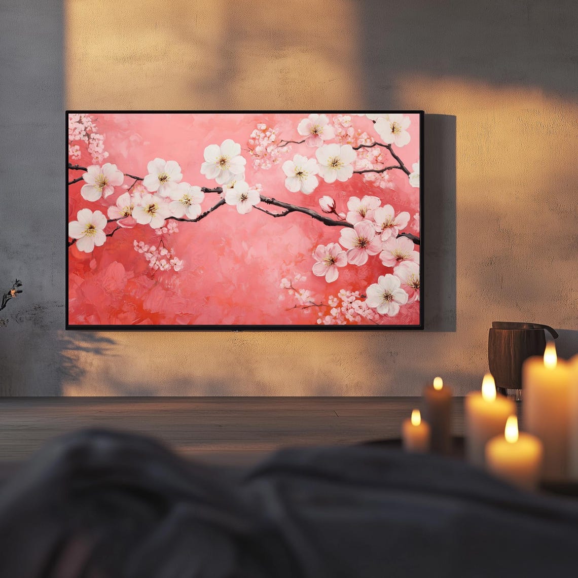 White Cherry Blossoms Coral Pink Spring Floral Art Frame TV Poster - Image 3