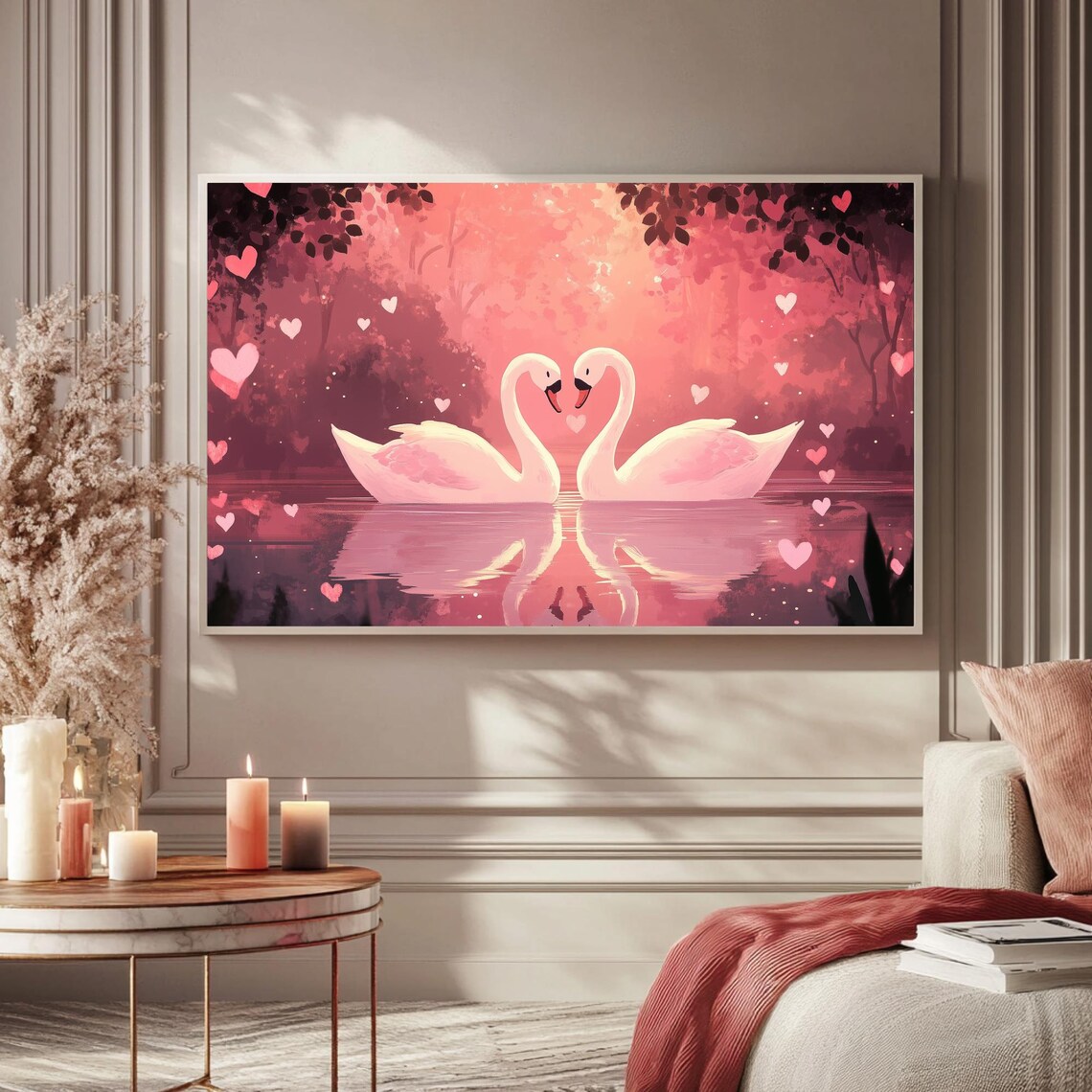 Swans Heart Necks Pink Lake Sunset Romantic Art Frame TV Poster - Image 5