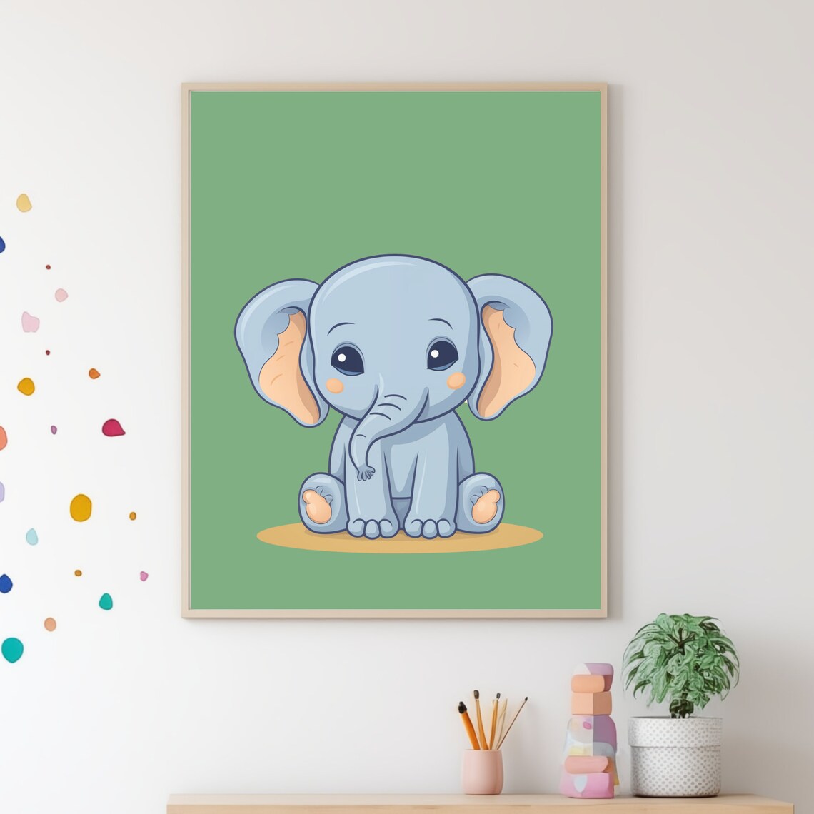 Cute Baby Elephant Cartoon Green Safari Nursery Kids Room Wall Art