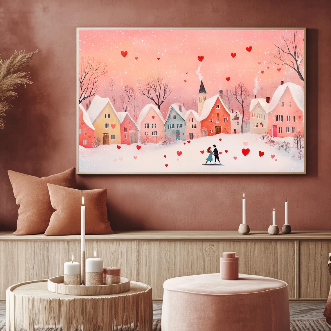 Couple Ice Skating In Snowy Pink Village Hearts Romantic Wall Art - Image 2