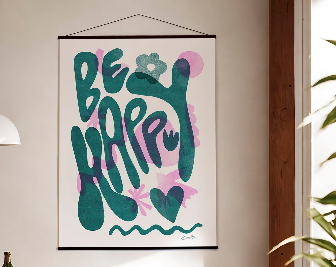Colorful Be Happy Retro Groovy Quote Typography Motivational Poster