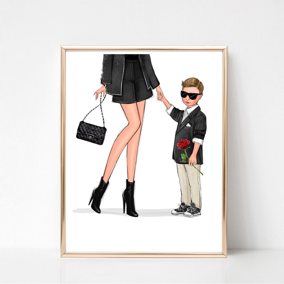 Mother and Son Fashion Illustration with Red Rose Gift Poster - Image 3