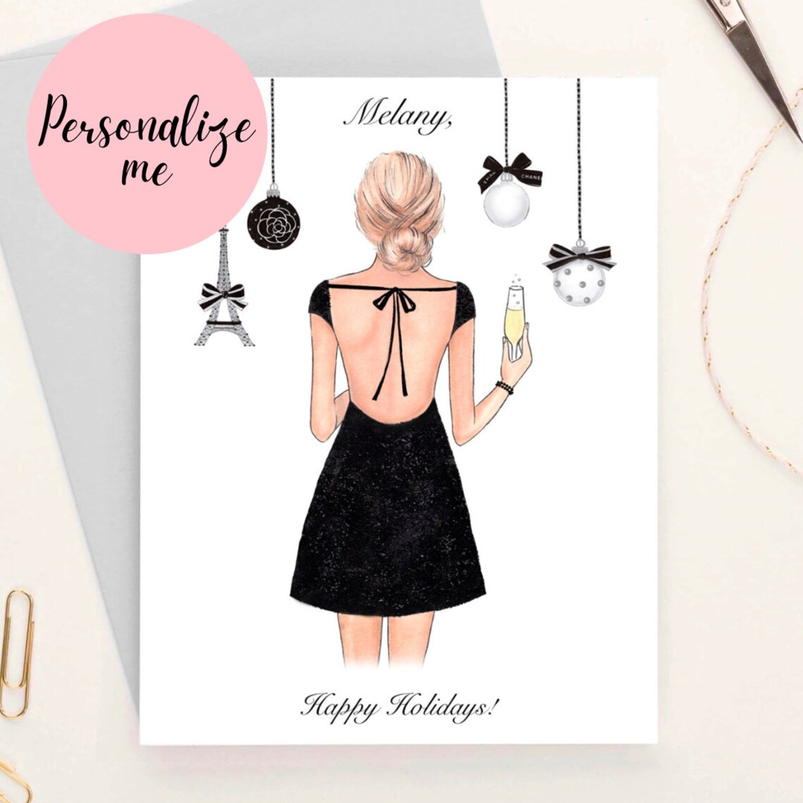 Personalized Happy Holidays Card Black Dress Champagne Fashion Poster