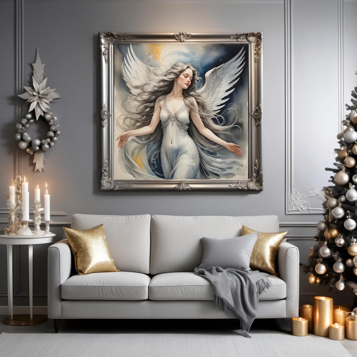 Celestial Angel Silver Wings Ethereal Night Sky Watercolor Print - Image 3