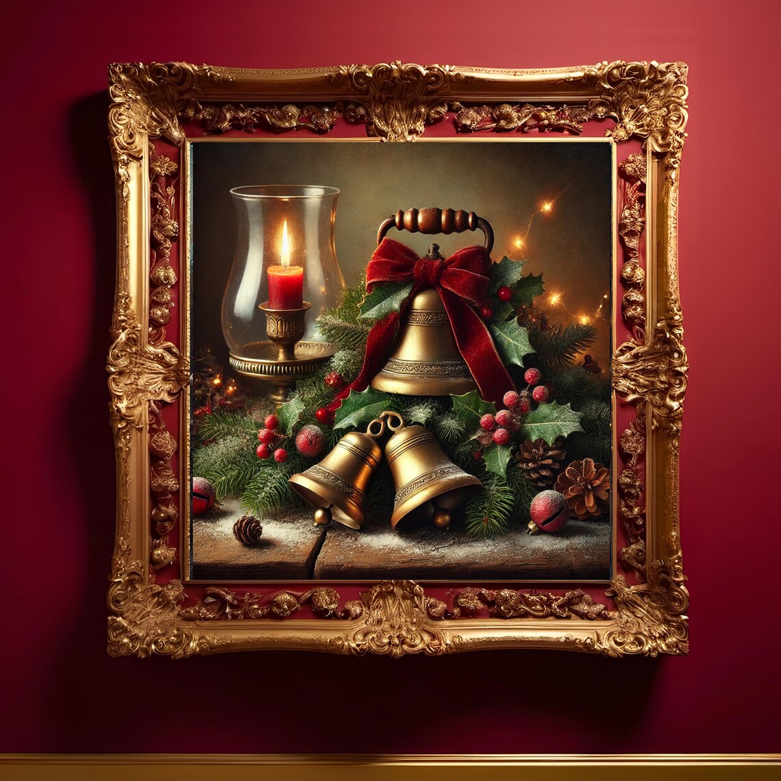 Brass Christmas Bells Red Velvet Bow Candle Still Life Art Print - Image 3