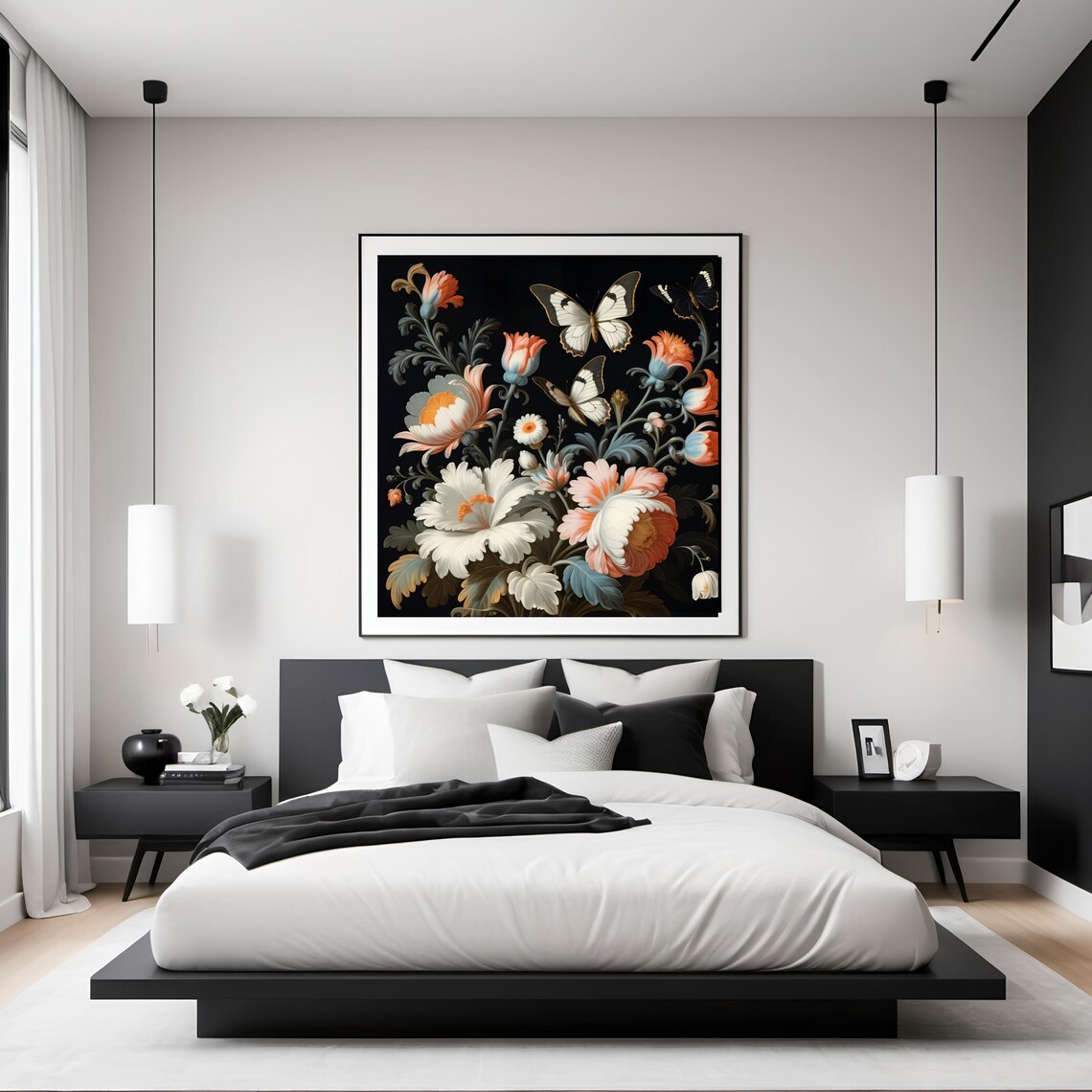Vintage Butterfly And Coral Flowers On Black Baroque Floral Art Poster - Image 2