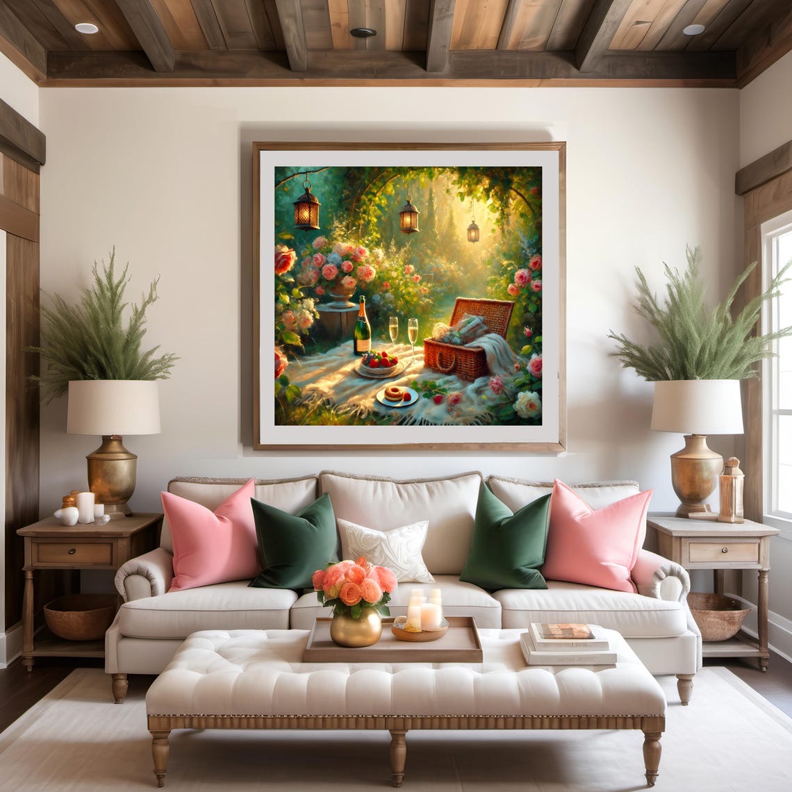 Romantic Garden Picnic with Champagne and Roses Lantern Glow Print - Image 2