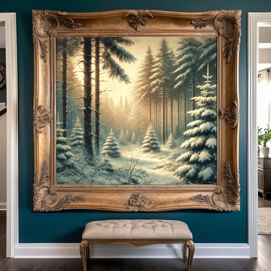 Sunlit Snowy Pine Forest Path Golden Glow Vintage Winter Poster - Image 2