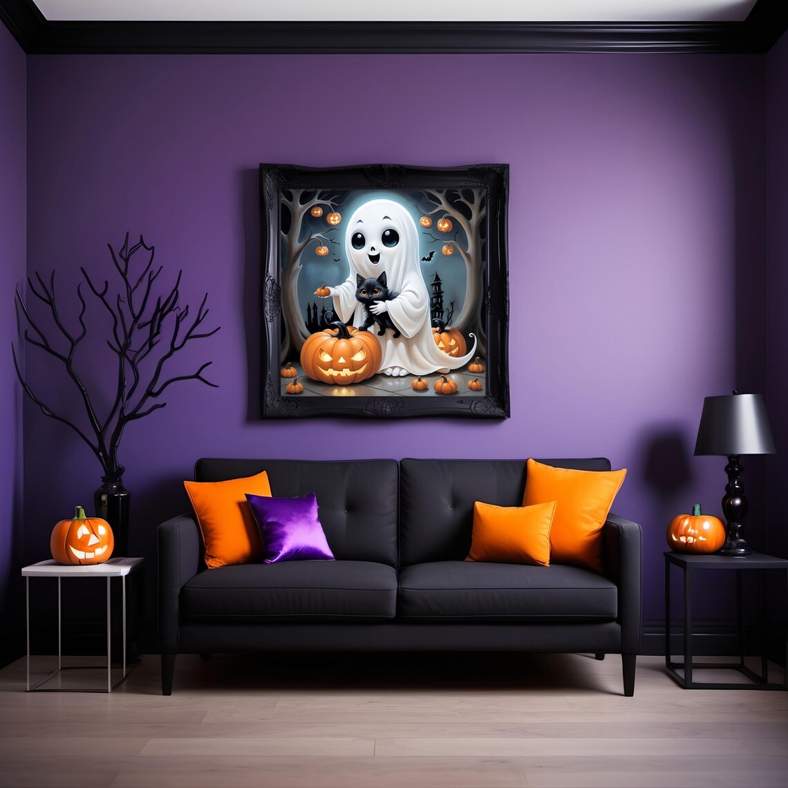 Smiling Ghost Holding Black Kitten With Pumpkins Under Full Moon Poster - Image 2