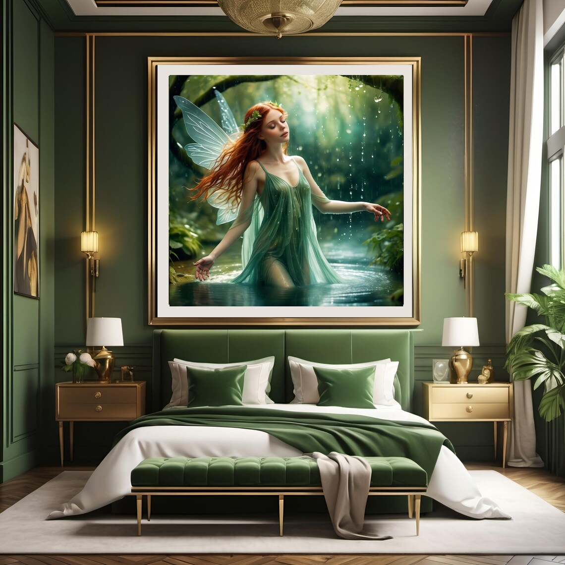 Enchanted Forest Fairy In The Rain Green Woodland Scene Art Poster - Image 2