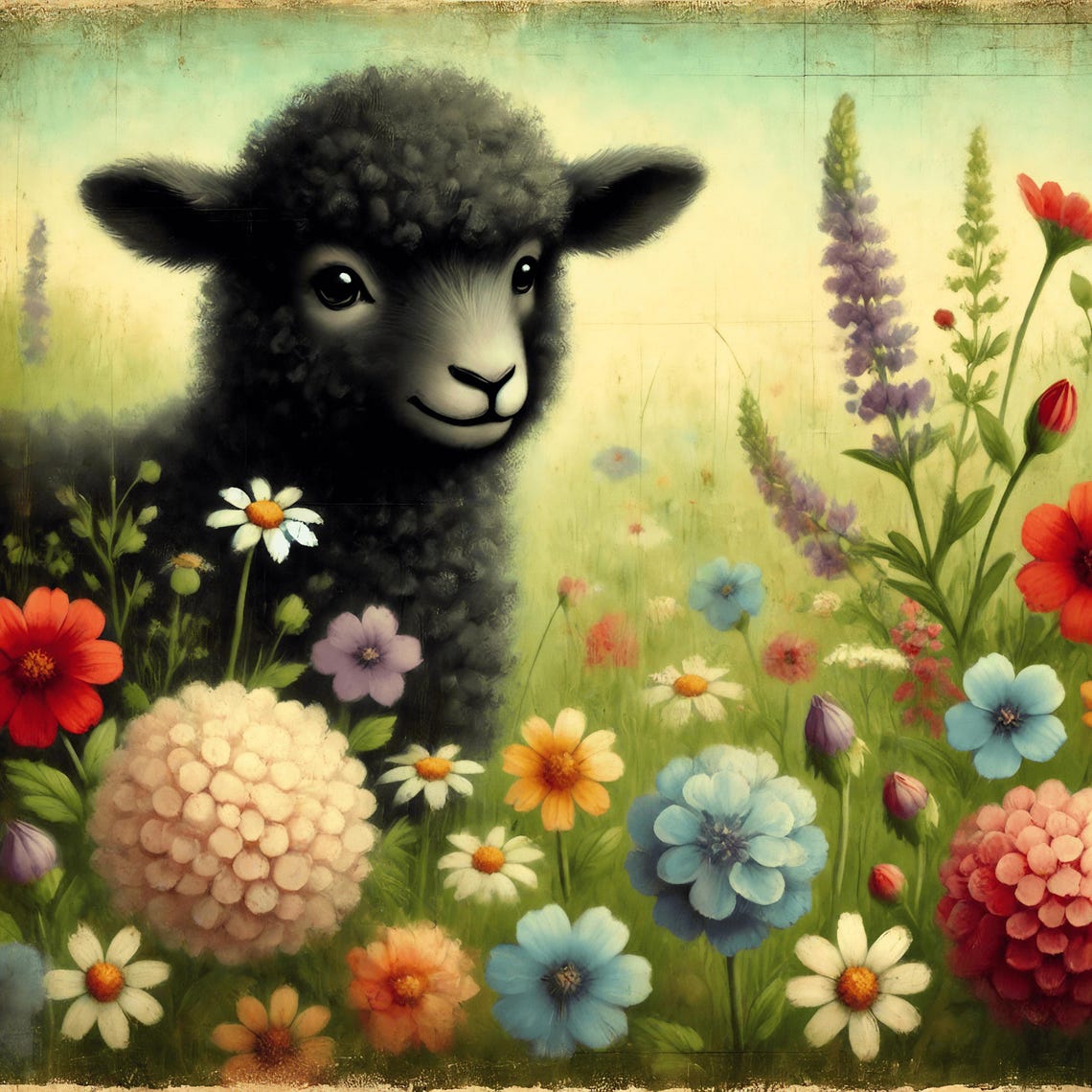 Baa Baa Black Sheep Colorful Wildflower Garden Nursery Poster