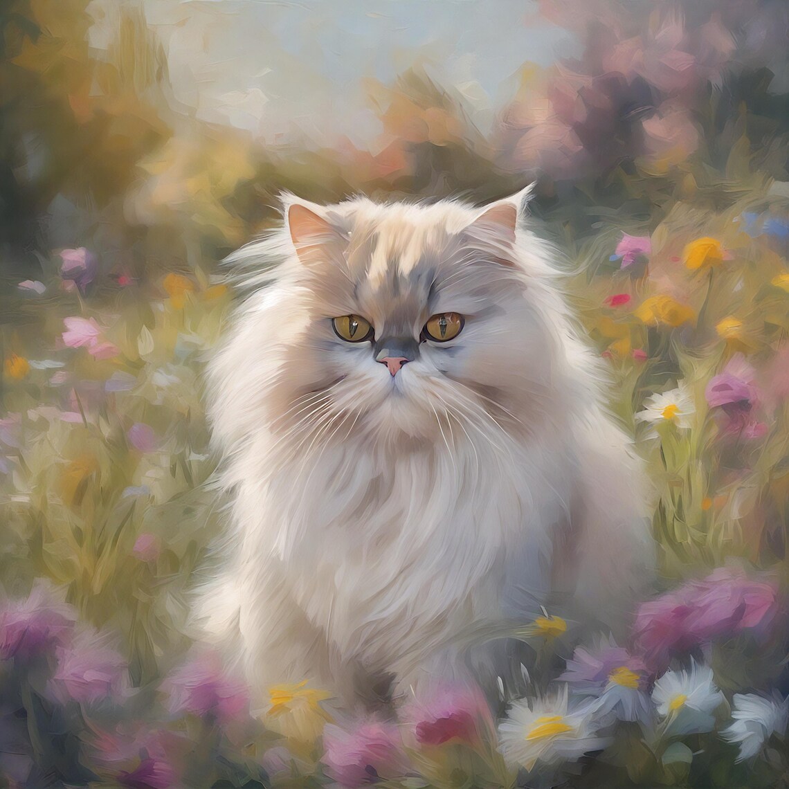 Fluffy White Persian Cat In A Wildflower Meadow Impressionist Poster