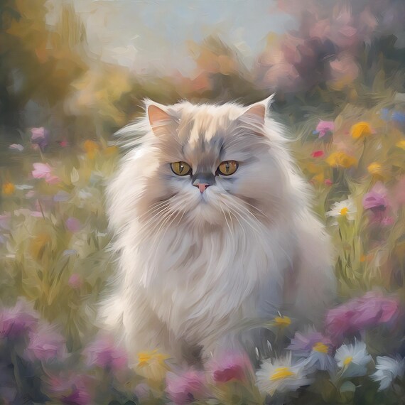 Fluffy White Persian Cat In A Wildflower Meadow Impressionist Poster