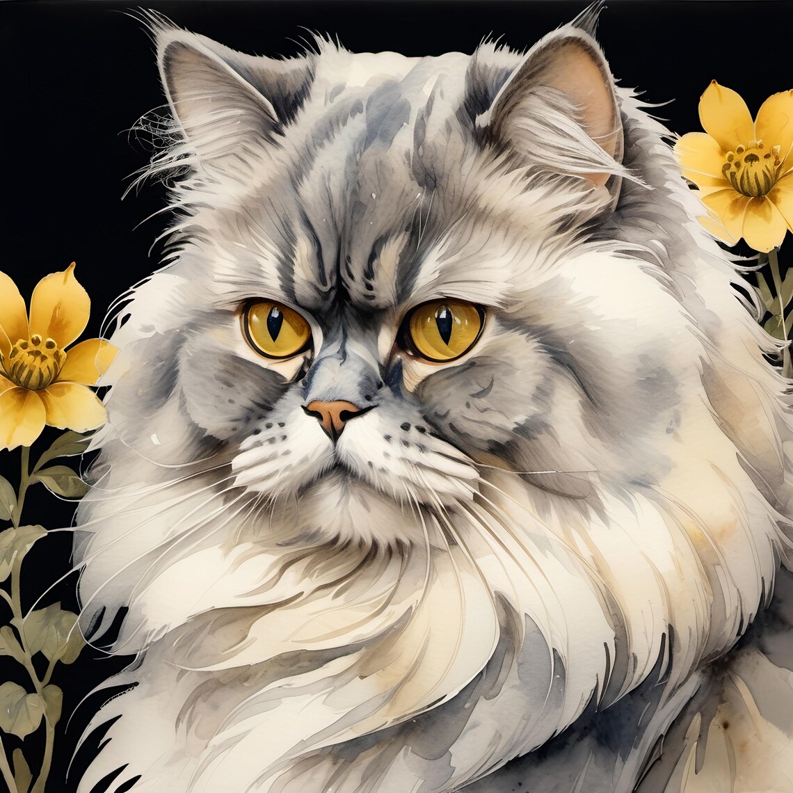 Regal Elegant Gray Longhair Cat Golden Eyes Yellow Floral Art Print