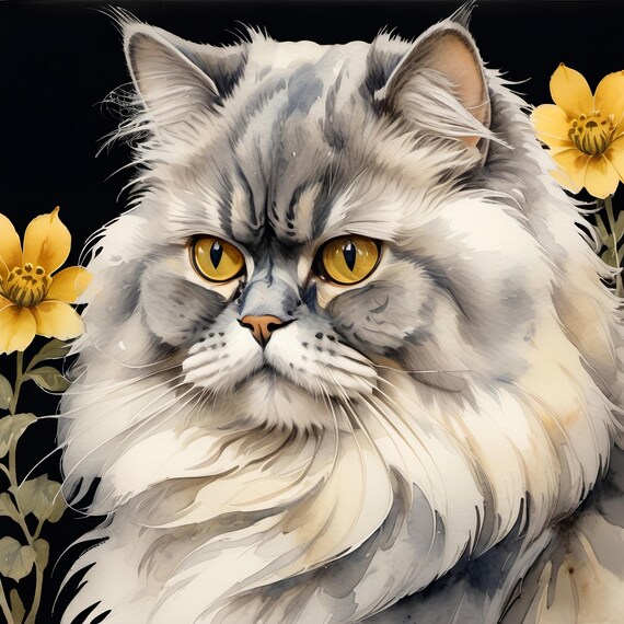 Regal Elegant Gray Longhair Cat Golden Eyes Yellow Floral Art Print