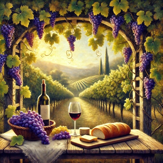 Tuscan Vineyard Grape Arbor Wine Glass Harvest Table Rolling Hills View Poster