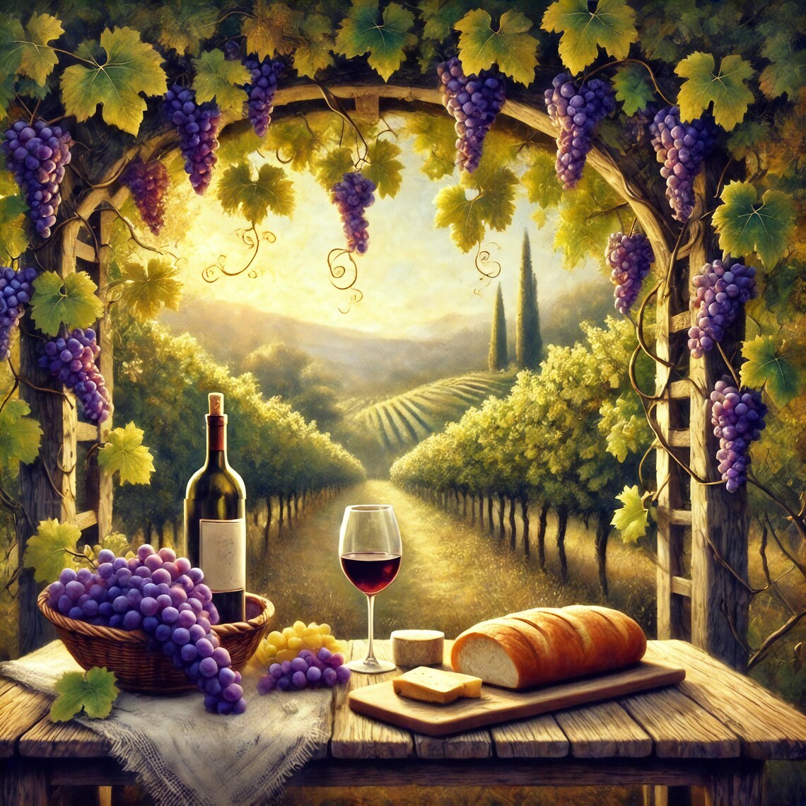 Tuscan Vineyard Grape Arbor Wine Glass Harvest Table Rolling Hills View Poster