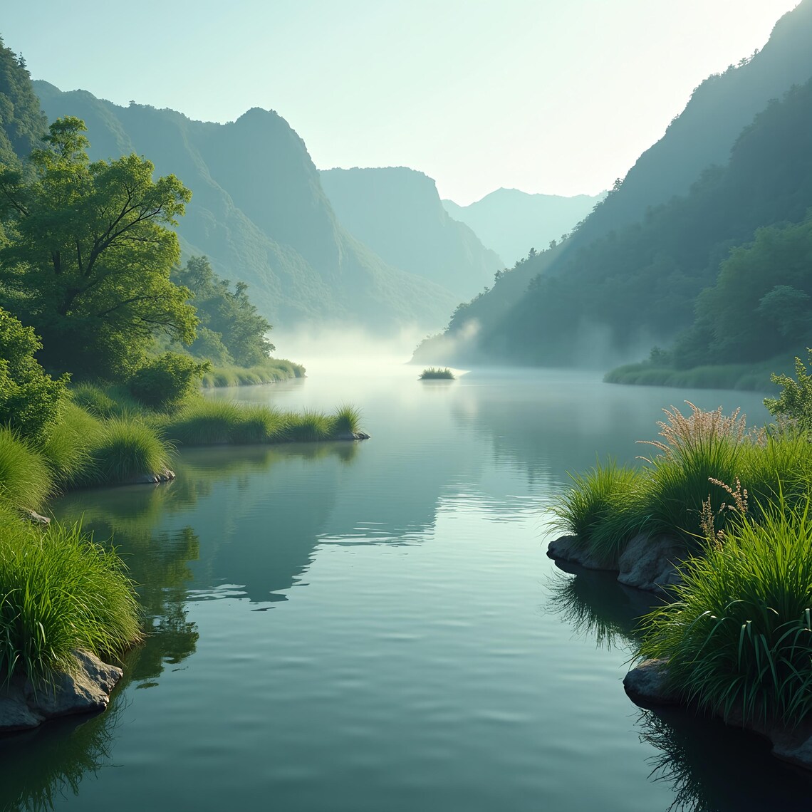 Tranquil Pond, Misty Landscape Art Print