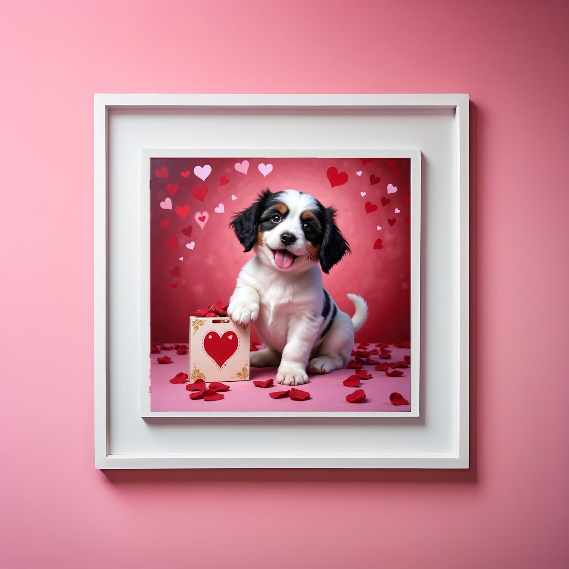 Smiling Puppy With Gift Bag Heart Rose Petals Sweet Valentines Poster - Image 3